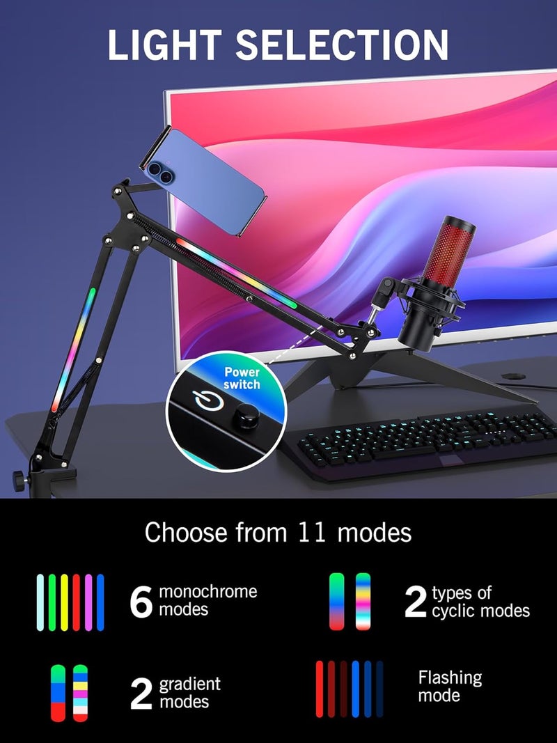 SUNMON RGB Boom Arm - Mic Arm With RGB Light, Adjustable 11 Light Modes, Microphone Boom Arm With Adapter Compatible with Fifine Microphone, Blue Yeti, HyperX QuadCast and Most Gaming Mic - Image 2