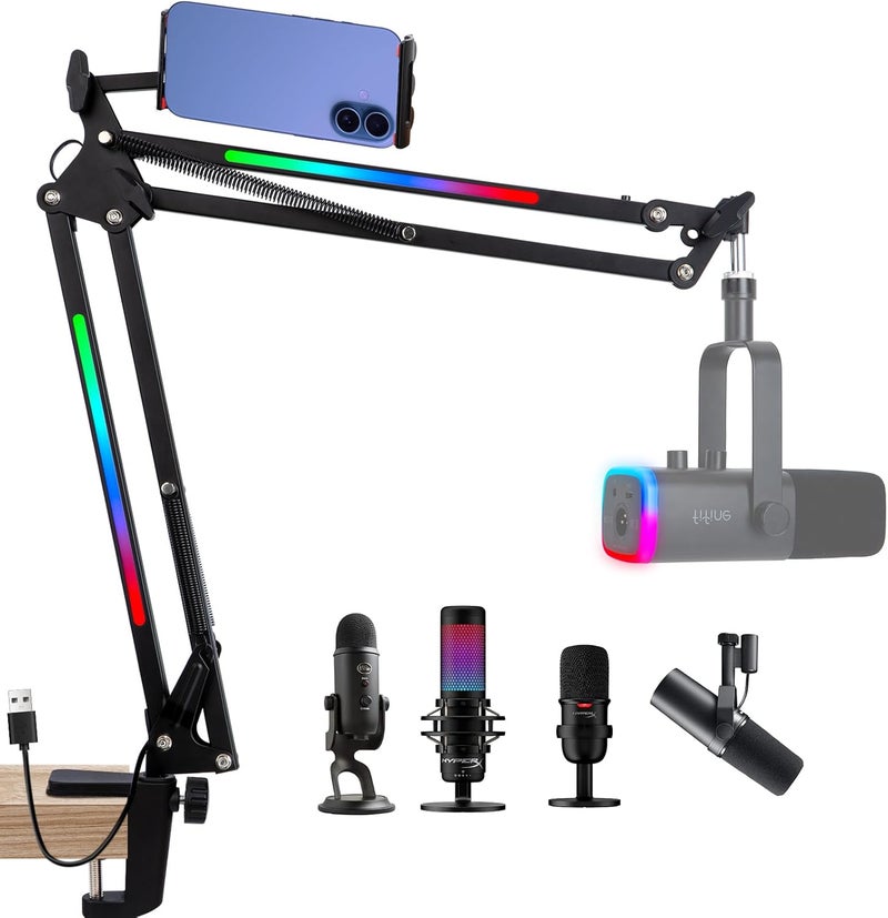 SUNMON RGB Boom Arm - Mic Arm With RGB Light, Adjustable 11 Light Modes, Microphone Boom Arm With Adapter Compatible with Fifine Microphone, Blue Yeti, HyperX QuadCast and Most Gaming Mic - Image 1