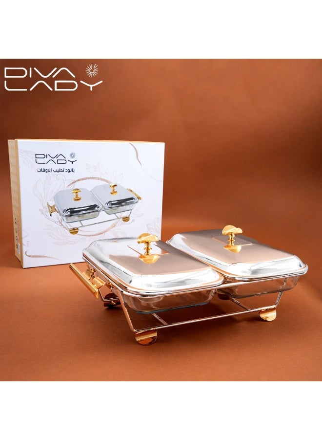 DIVA LADY ✨ Premium Dual Food Warmer – Brushed Stainless Steel & Square Glass with Double Candle Holders | Diva Lady ✨ - Image 1