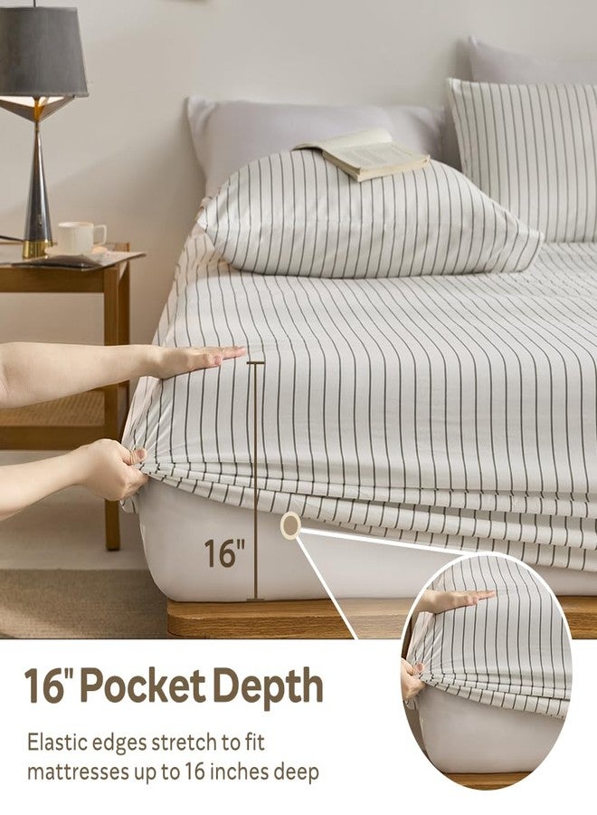 JELLYMONI 100% Cotton Fitted Sheet, White with Thin Gray Vertical Stripes, Ultra Soft Breathable Bed Sheet with Extra Deep 16" Pockets, Queen Size, 1-Piece - Image 3