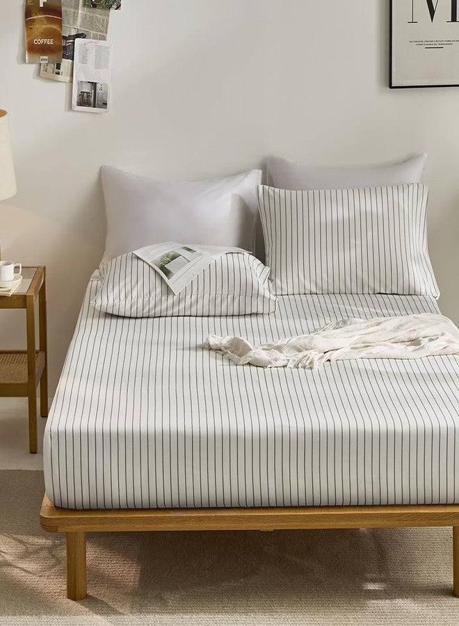 JELLYMONI 100% Cotton Fitted Sheet, White with Thin Gray Vertical Stripes, Ultra Soft Breathable Bed Sheet with Extra Deep 16" Pockets, Queen Size, 1-Piece - Image 2