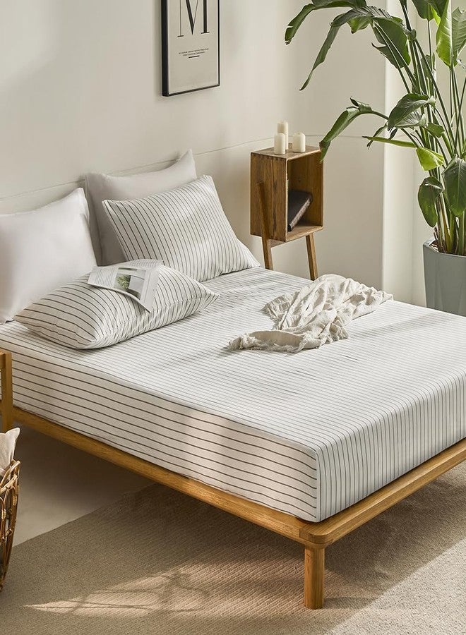 JELLYMONI 100% Cotton Fitted Sheet, White with Thin Gray Vertical Stripes, Ultra Soft Breathable Bed Sheet with Extra Deep 16" Pockets, Queen Size, 1-Piece - Image 1