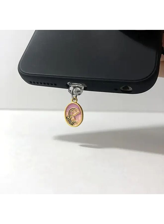 Vintage Mini Oil Painting Suzuran Flower Phone Dust Plug For Type C Port - Image 1