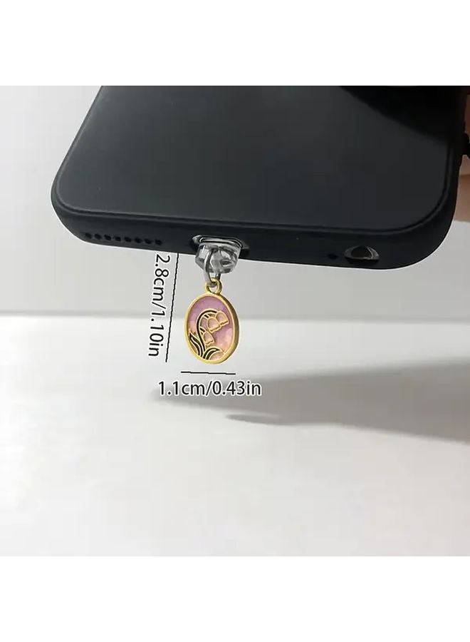 Vintage Mini Oil Painting Suzuran Flower Phone Dust Plug For Type C Port - Image 3