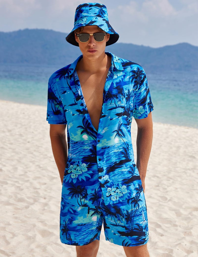 EISHOPEER Men's Classic Hawaiian Shirt and Short 2 Piece Beach Outfits Sets with Bucket Hats Large - Image 3