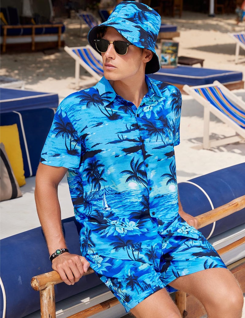EISHOPEER Men's Classic Hawaiian Shirt and Short 2 Piece Beach Outfits Sets with Bucket Hats Large - Image 2