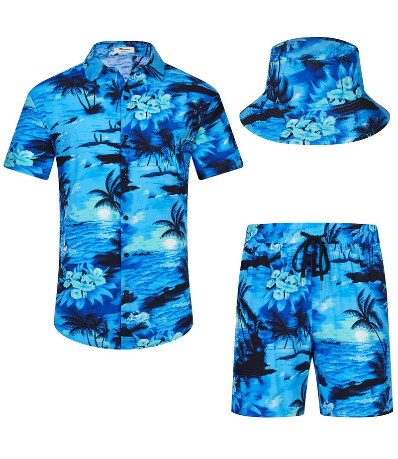 EISHOPEER Men's Classic Hawaiian Shirt and Short 2 Piece Beach Outfits Sets with Bucket Hats Large - Image 1
