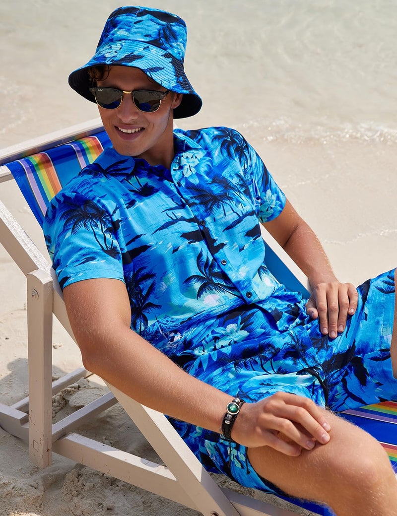 EISHOPEER Men's Classic Hawaiian Shirt and Short 2 Piece Beach Outfits Sets with Bucket Hats Large - Image 4