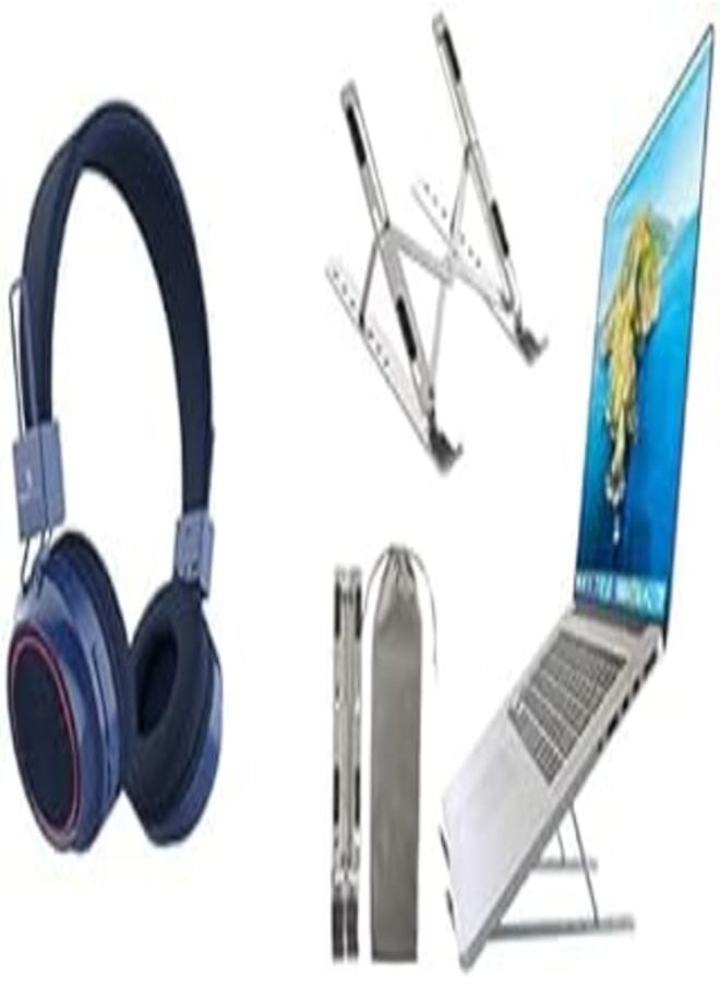 BINGOZONES Laptop Essentials Bundle (Bingozones B16 LED Bluetooth Wireless Bingo-zones Headphones + XEEMYX Portable Laptop Stand Adjustable Laptop Riser for Desk Foldable Design) 