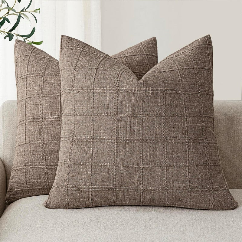 Foindtower Decorative Pillow Covers Linen Checked Neutral Accent Pillowcases Modern Farmhouse Style Boho Home Decor for Sofa Chair Couch Bedroom Living Room Outdoor Set of 2 - Image 1