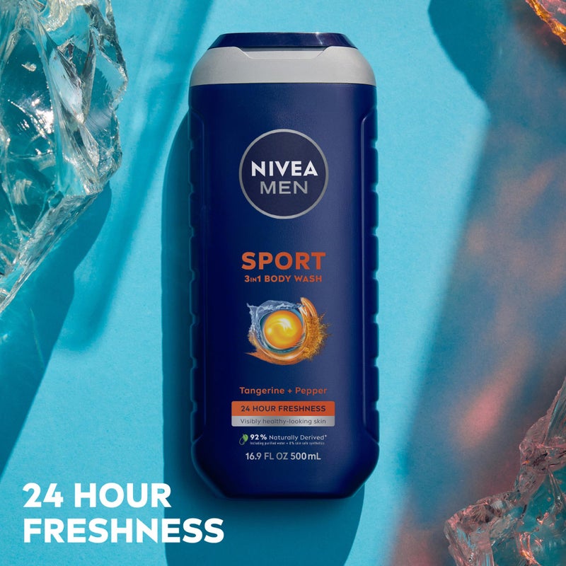 NIVEA Men Sport Body Wash with Revitalizing Minerals, Tangerine and Pepper Scent, 3-in-1 Men's Body Wash, Face and Hair, Paraben Free, Vegan Formula, 16.9 Fl Oz Bottle - Image 4