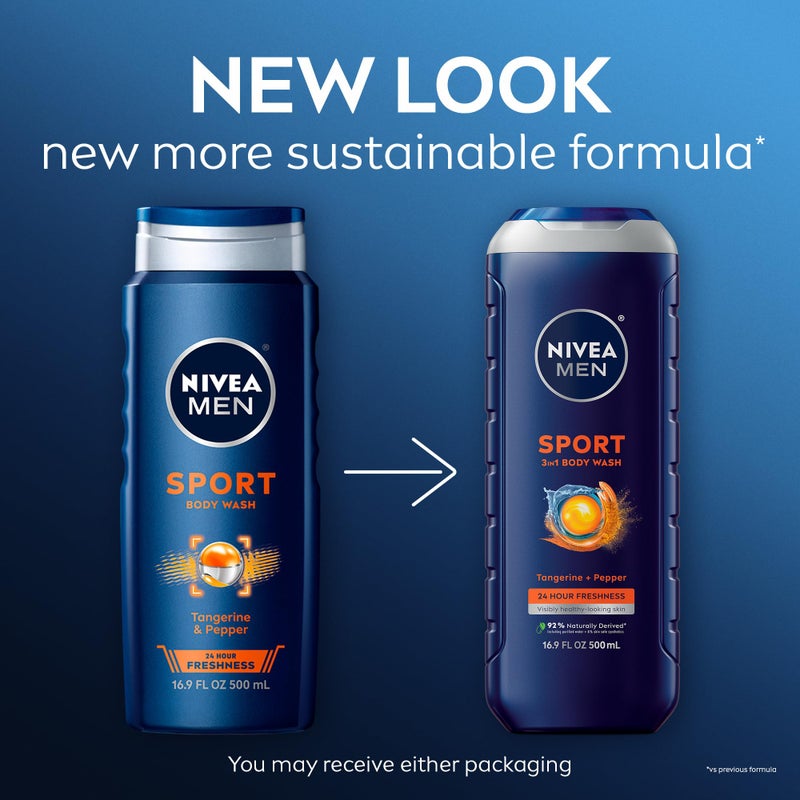 NIVEA Men Sport Body Wash with Revitalizing Minerals, Tangerine and Pepper Scent, 3-in-1 Men's Body Wash, Face and Hair, Paraben Free, Vegan Formula, 16.9 Fl Oz Bottle - Image 2