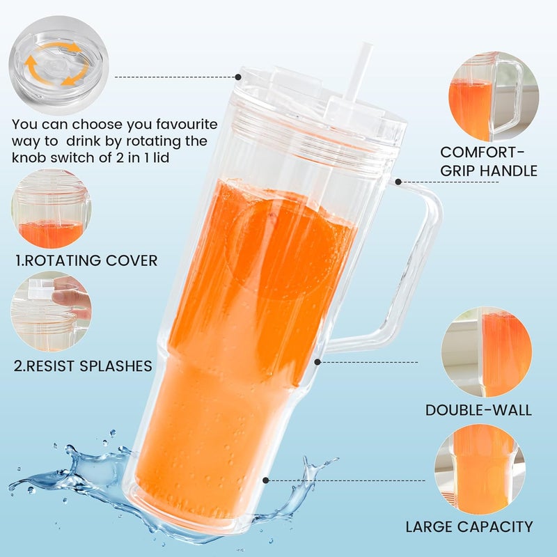 Icesip 40 oz Tumbler with Handle and Straw Double Wall Reusable Plastic Clear Tumbler with Lid Acrylic Iced Coffee Cups Water Travel Mug - Image 3