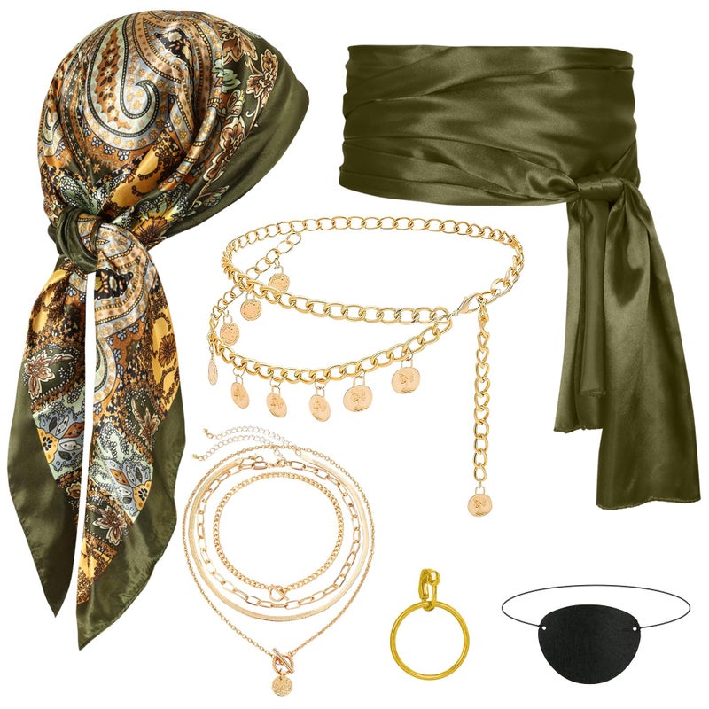 Cosrea Pirate Accessories for Women Captain Pirate Costume Women with Head Scarf Sash Chain Belt Necklace Eye Patch Party Outfit - Image 1