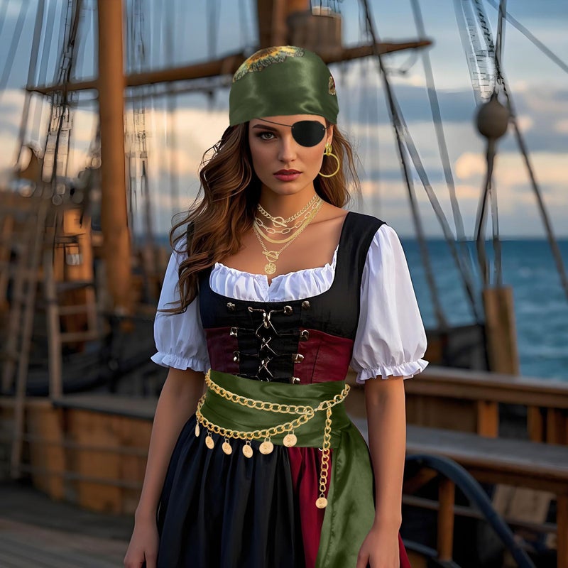 Cosrea Pirate Accessories for Women Captain Pirate Costume Women with Head Scarf Sash Chain Belt Necklace Eye Patch Party Outfit - Image 2