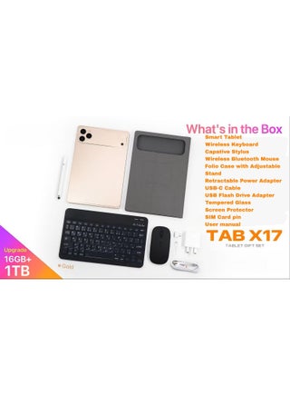 جهاز لوحي Tab X17 مقاس 10.1 بوصة بنظام Android 15 مع لوحة مفاتيح وماوس، ذاكرة RAM بسعة 16 جيجابايت وذاكرة تخزين داخلية 1 تيرابايت، يدعم شريحتي اتصال (Dual SIM) وWi-Fi بتقنية 5G، بطارية بسعة 8000 ملّي أمبير، فتح ذكي عبر التعرف على الوجه، كاميرا أمامية بدقة 8 ميجابكسل وكاميرا خلفية بدقة 13 ميجابكسل (ذهبي) - view 3