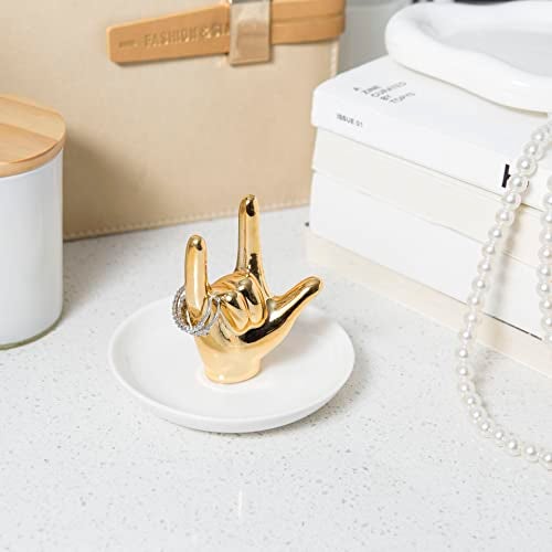 Lynagert I LOVE YOU Hand Ring Holder Dish Ceramic Jewelry Holder Dish Trinket tray for Rings Earrings Necklace Organizer, Engagement Wedding Ring Holder, Christmas Birthday Gifts (Golden) - Image 2