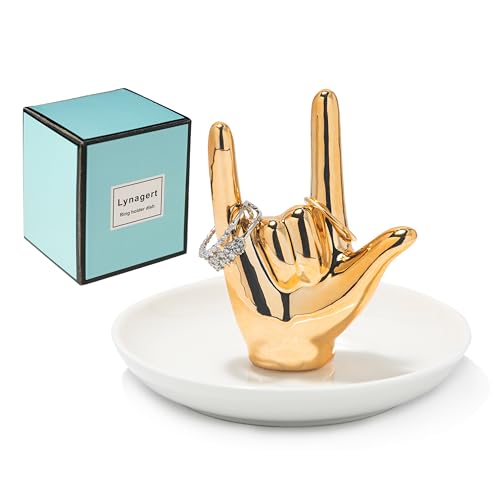 Lynagert I LOVE YOU Hand Ring Holder Dish Ceramic Jewelry Holder Dish Trinket tray for Rings Earrings Necklace Organizer, Engagement Wedding Ring Holder, Christmas Birthday Gifts (Golden) - Image 1