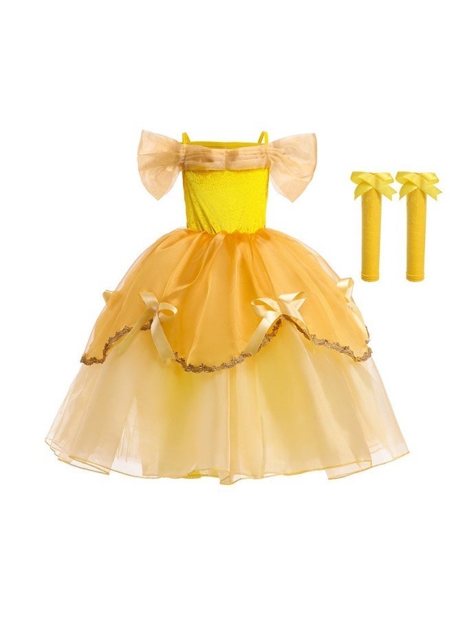 فتيات الأميرة فستان الأطفال الأميرة كوسبلاي فستان أطفال حزب ملابس، 4 طبقة تنورة صفراء قصيرة الأكمام فستان طويل، الأزياء للبنات القلعة الأميرة أسلوب، الارتفاع 110 سم-150 سم - Image 1