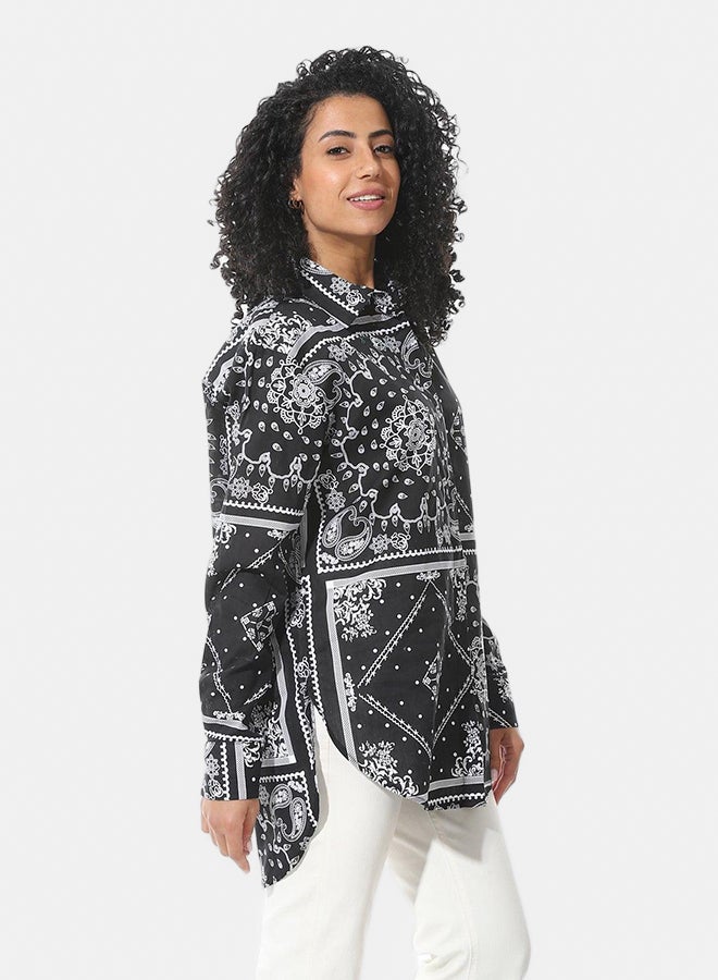 Andora Turn Down Collar With Long Sleeves Blouse_Black & White - Image 2