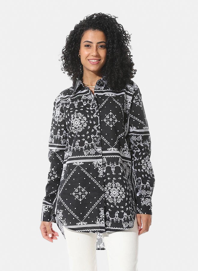 Andora Turn Down Collar With Long Sleeves Blouse_Black & White - Image 1
