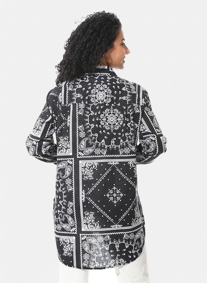 Andora Turn Down Collar With Long Sleeves Blouse_Black & White - Image 4
