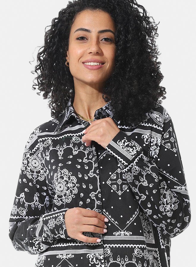 Andora Turn Down Collar With Long Sleeves Blouse_Black & White - Image 3