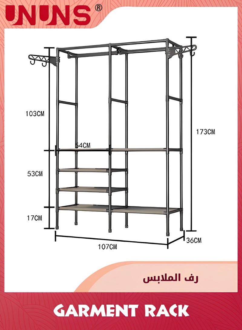 UNUNS Heavy Duty Garment Rack,Metal Closet Organizers And Storage,Wardrobe Clothing Racks For Hanging Clothes,Double-Row Wire Shelving With 2 Hanger Rods And Side Hooks,Black - Image 2