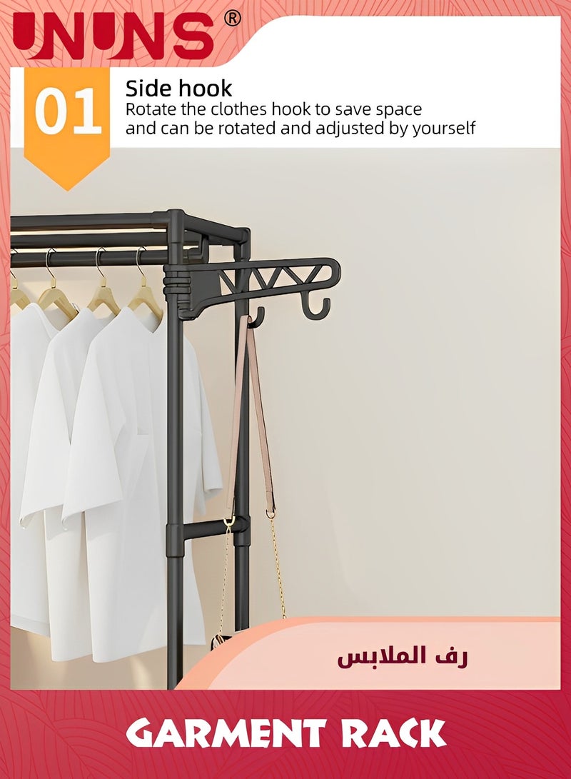 UNUNS Heavy Duty Garment Rack,Metal Closet Organizers And Storage,Wardrobe Clothing Racks For Hanging Clothes,Double-Row Wire Shelving With 2 Hanger Rods And Side Hooks,Black - Image 3