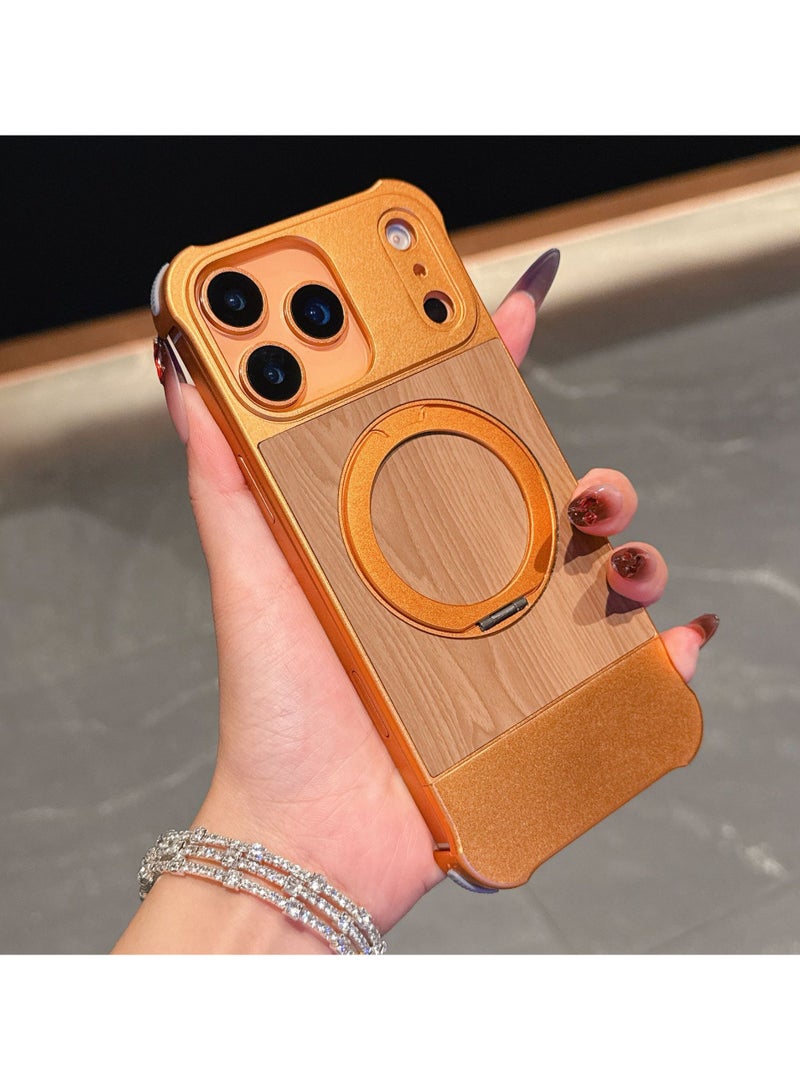 عام Suitable  iPhone 17 Pro Max Metal Swivel Stand Case Strong Magnetic Suction Wood Grain Drop Protection Case 360° Swivel MagSafe Compatible Cases