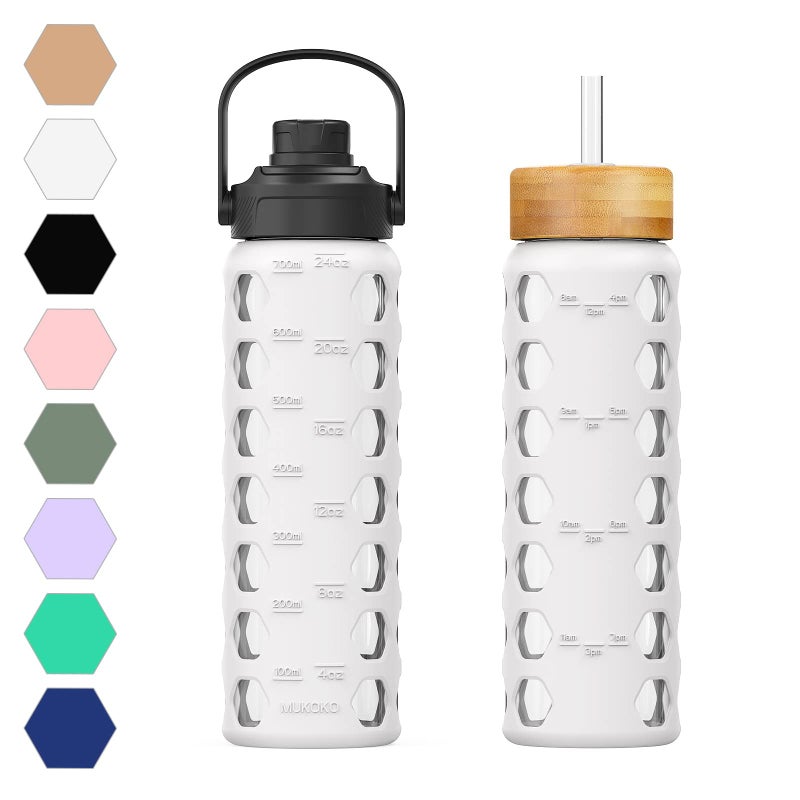 MUKOKO 24oz Glass Water Bottle with 2 LidsHandle Flip LidBamboo Straw LidMotivational Water Tumbler with Time Marker Reminder and Silicone Sleeve LeakproofWhite