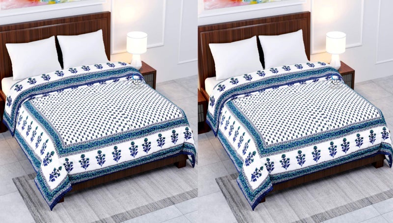 LushHavenDecor Single Bed Jaipuri Cotton Bed Blanket Ac Quilt for Winter and Summer Soft Light Weight Rajasthani Traditional Cotton Comforter 85 x 55 inch Blue, Pack of 2 - Image 3