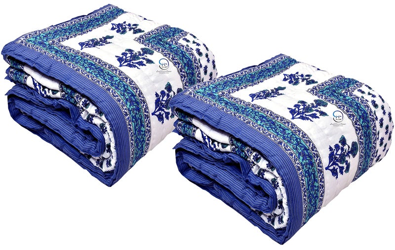 LushHavenDecor Single Bed Jaipuri Cotton Bed Blanket Ac Quilt for Winter and Summer Soft Light Weight Rajasthani Traditional Cotton Comforter 85 x 55 inch Blue, Pack of 2 - Image 2