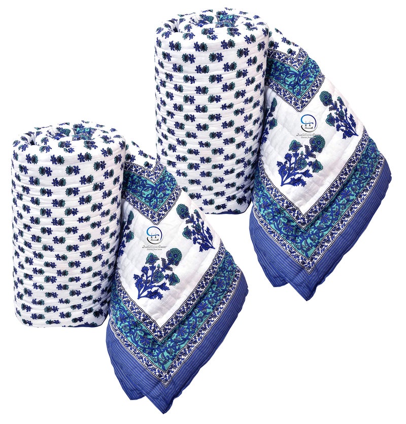 LushHavenDecor Single Bed Jaipuri Cotton Bed Blanket Ac Quilt for Winter and Summer Soft Light Weight Rajasthani Traditional Cotton Comforter 85 x 55 inch Blue, Pack of 2 - Image 1
