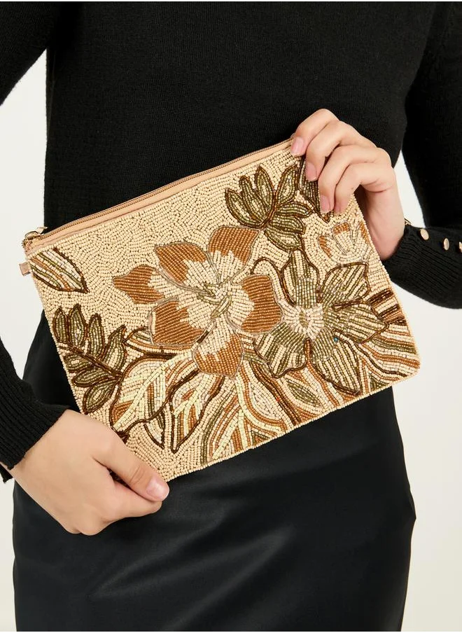 Styli Floral Embellished Clutch with Detachable Chain Strap