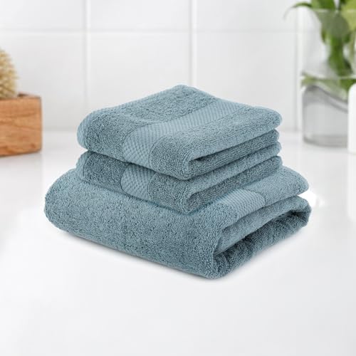 Earthy Fables Premium Gift Combo of Bath Towel and 2 Hand Towels – 100% Cotton, 600 GSM, Soft & Absorbent, Quick Dry & Skin-Friendly – Aqua, Set of 3 - Image 1