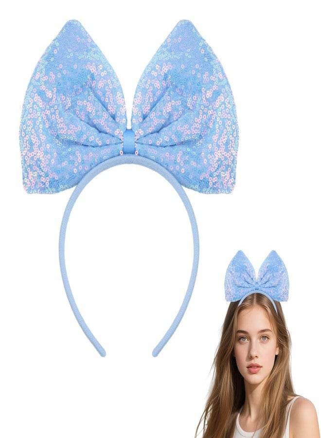 Sdopbinbin Blue Sequin Bow Headband Halloween Hair Bands for Women Girls Large Big Bow Head Band Sparkly Glitter Bow Headband Blue Halloween Costumes Accessories for Kids Adults Women Big Bowknot Hairband Xmas - Image 1