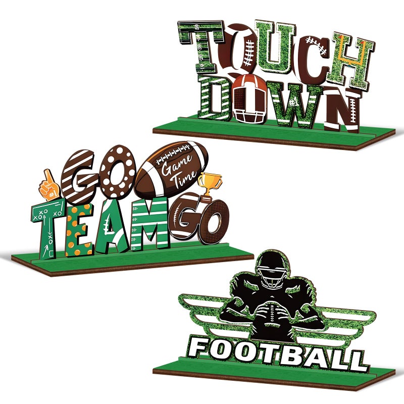 KSKSPE 3 PCS Football Table Decoration Wooden Football Centerpieces for Table Signs Player Touchdown Rugby Sign Ornaments for Sport Birthday Party Decoration - Image 3