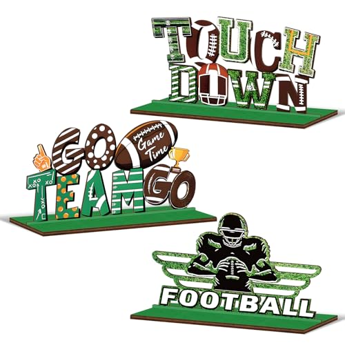 KSKSPE 3 PCS Football Table Decoration Wooden Football Centerpieces for Table Signs Player Touchdown Rugby Sign Ornaments for Sport Birthday Party Decoration - Image 1