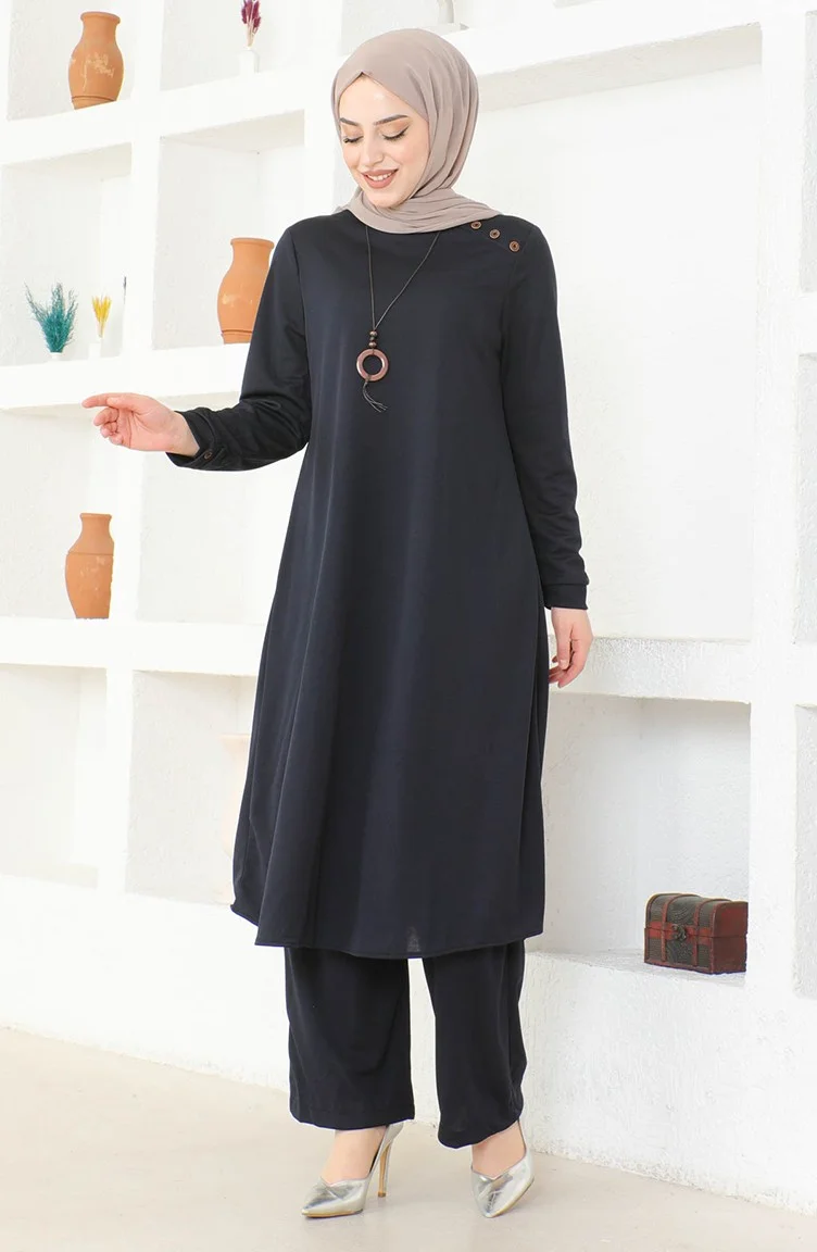 Sefa Merve Necklace Tunic Trousers Double Suit 0580-02 Navy Blue