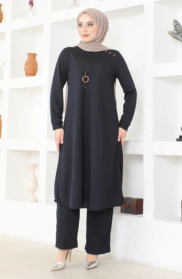 Sefa Merve Necklace Tunic Trousers Double Suit 0580-02 Navy Blue