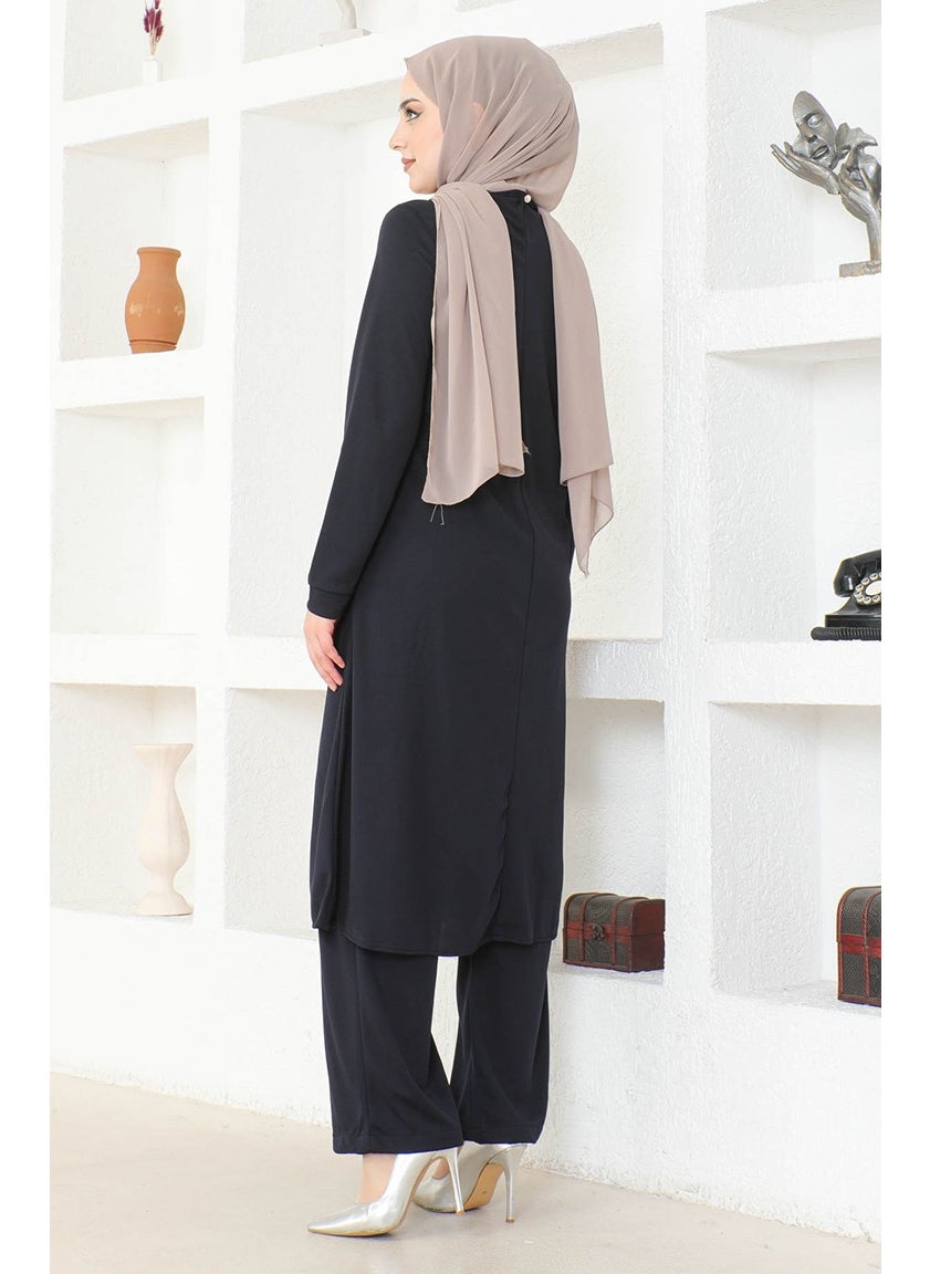 Necklace Tunic Trousers Double Suit 0580-02 Navy Blue