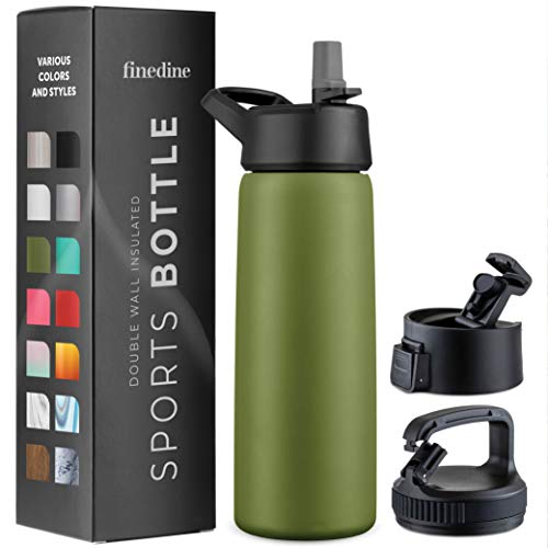 FineDine Water Bottle  Stainless Steel Insulated Water Bottle with Straw Lid Flip Lid  WideMouth Cap  Keeps Hot and Cold  25 Oz  739ml  Army Green