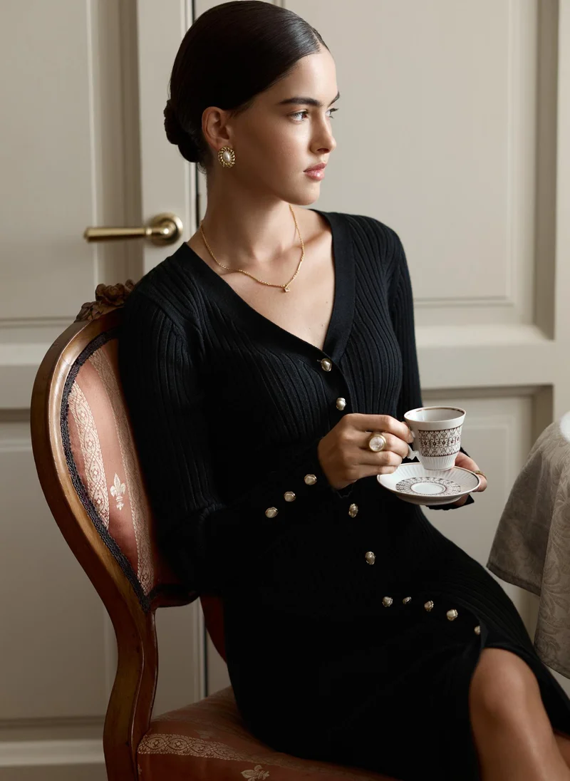Lichi  Viscose midi dress with golden buttons for Women | Best Price UAE