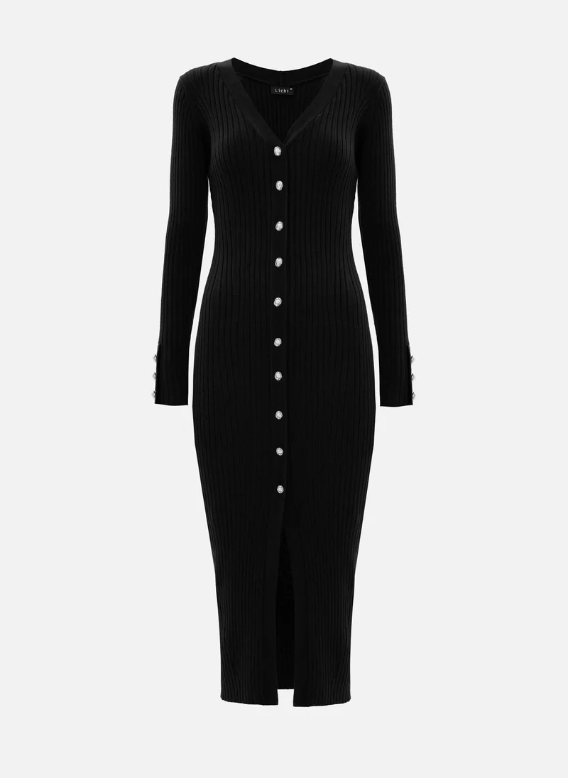 Lichi  Viscose midi dress with golden buttons for Women | Best Price UAE