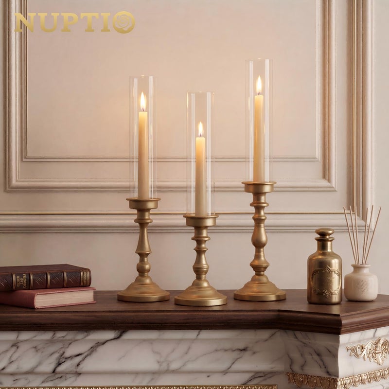 NUPTIO Hurricane Candle Holder for Centerpiece: Set of 3 Gold Candlestick Holders with Glass Shade - Vintage Taper Candleholder for Christmas Dining Table Fireplace Mantle Decor - Image 2