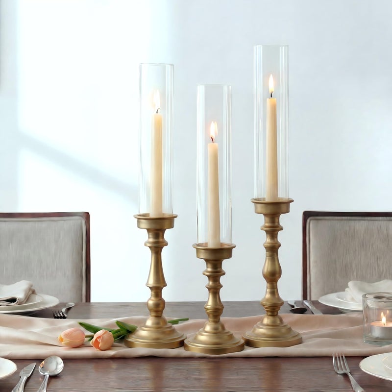 NUPTIO Hurricane Candle Holder for Centerpiece: Set of 3 Gold Candlestick Holders with Glass Shade - Vintage Taper Candleholder for Christmas Dining Table Fireplace Mantle Decor - Image 1