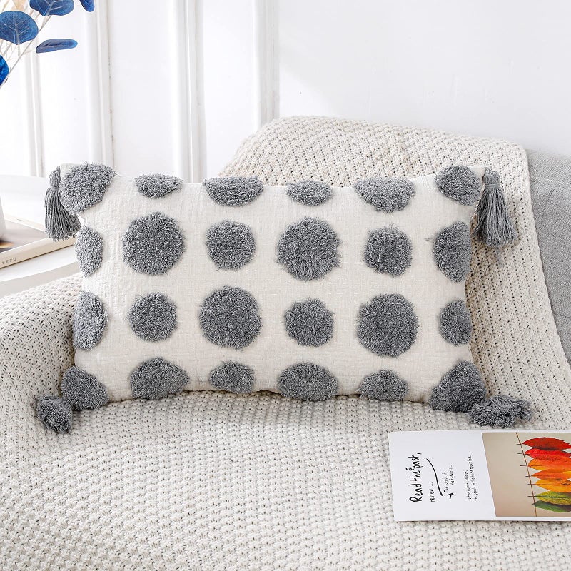 PANOD Super Soft Farmhouse Decorative Plush Throw Pillow Covers 12 x 20 GreySolid Pom pom Tufted with Tassels Modern Accent Boho Lumbar Cushion Cover Pillow Case for Couch Sofa
