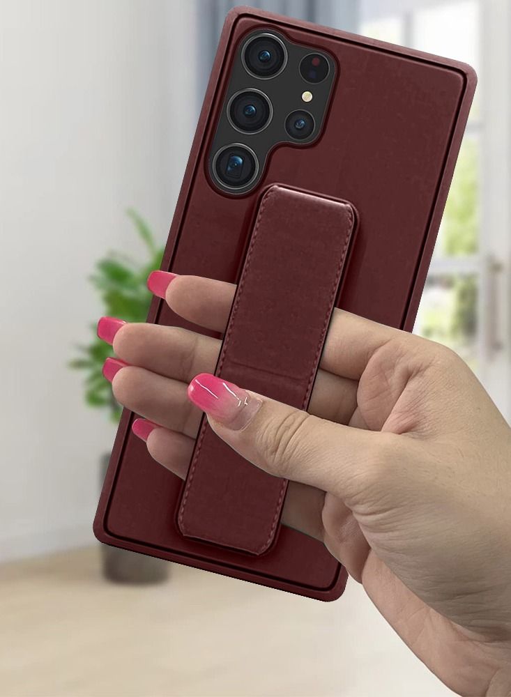 CATANES Samsung Galaxy S23 Ultra Grip Case Magnetic Kickstand Cover with Foldable Hand Strap Maroon - Image 2