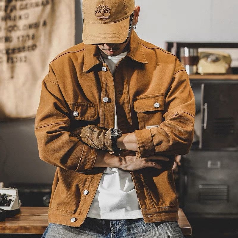 American Style Heavy Denim Jacket Mens Spring and Autumn New Fashion Brand Three-dimensional Double Pocket Heavy Work Jacket Brown heavy weightworkwear denim jacket